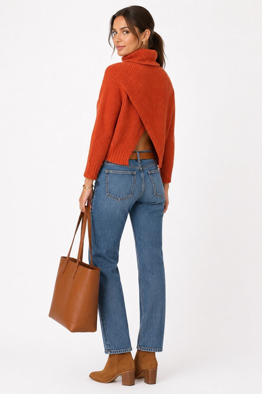 Madewell Red Orange Open Back Turtleneck Cotton Knit Pullover Sweater Small